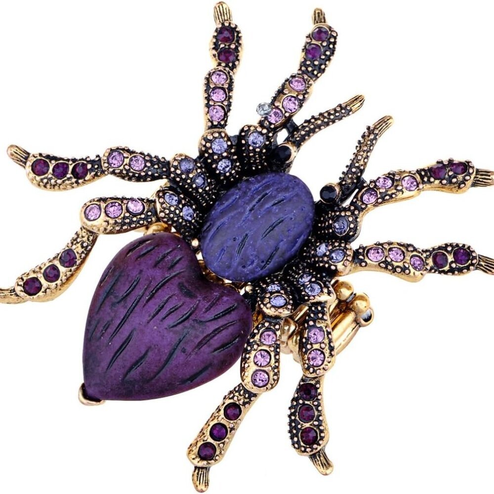 Stretchy Golden Tone Purple Rhinestones Heart Spider Tarantula Ring
